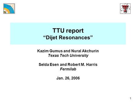 1 TTU report “Dijet Resonances” Kazim Gumus and Nural Akchurin Texas Tech University Selda Esen and Robert M. Harris Fermilab Jan. 26, 2006.