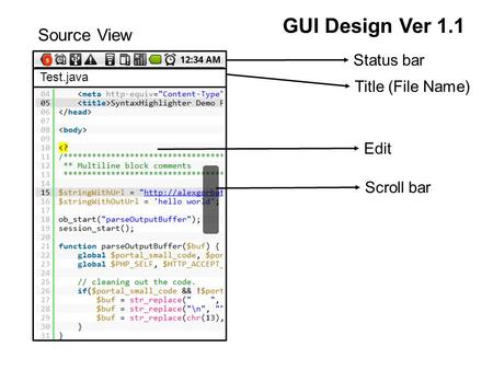 Status bar Title (File Name) Scroll bar Edit Source View Test.java GUI Design Ver 1.1.