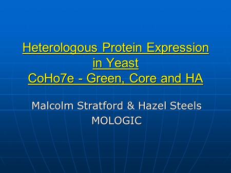 Heterologous Protein Expression in Yeast CoHo7e - Green, Core and HA Malcolm Stratford & Hazel Steels MOLOGIC.