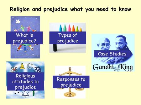 Religion and prejudice what you need to know Case Studies Responses to prejudice Types of prejudice Religious attitudes to prejudice What is prejudice?