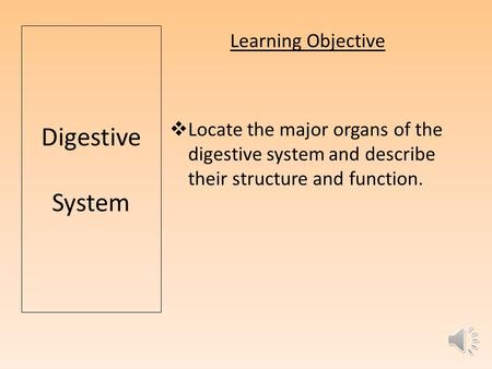 Digestive System Learning Objective  Locate the major organs of the digestive system and describe their structure and function.