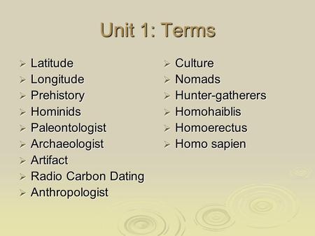 Unit 1: Terms  Latitude  Longitude  Prehistory  Hominids  Paleontologist  Archaeologist  Artifact  Radio Carbon Dating  Anthropologist  Culture.