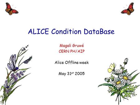 ALICE Condition DataBase Magali Gruwé CERN PH/AIP Alice Offline week May 31 st 2005.
