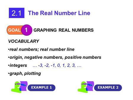 GOAL 1 GRAPHING REAL NUMBERS VOCABULARY real numbers; real number line origin, negative numbers, positive numbers integers graph, plotting 2.1 The Real.