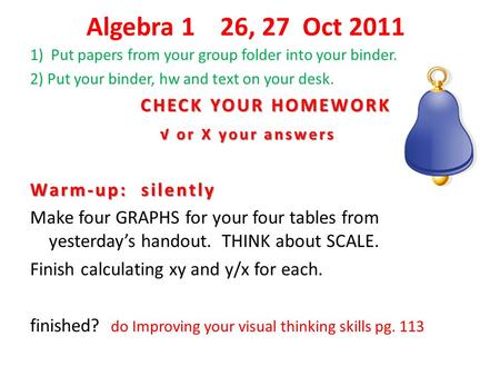 Algebra 1 26, 27 Oct 2011 1) Put papers from your group folder into your binder. 2) Put your binder, hw and text on your desk. CHECK YOUR HOMEWORK CHECK.