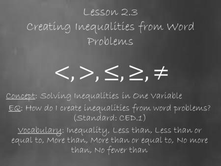 Lesson 2.3 Creating Inequalities from Word Problems