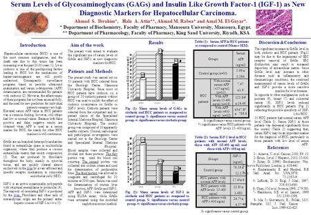 Serum Levels of Glycosaminoglycans (GAGs) and Insulin Like Growth Factor-1 (IGF-1) as New Diagnostic Markers for Hepatocellular Carcinoma. Ahmad S. Ibrahim*,