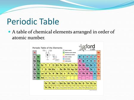 Periodic Table A table of chemical elements arranged in order of atomic number.