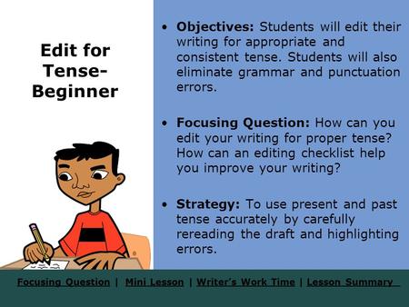 Focusing QuestionFocusing Question | Mini Lesson | Writer’s Work Time | Lesson SummaryMini LessonWriter’s Work TimeLesson Summary Edit for Tense- Beginner.