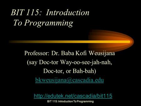 BIT 115: Introduction To Programming Professor: Dr. Baba Kofi Weusijana (say Doc-tor Way-oo-see-jah-nah, Doc-tor, or Bah-bah)
