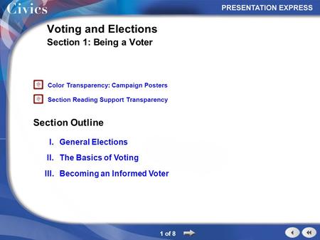 Section Outline 1 of 8 Voting and Elections Section 1: Being a Voter I.General Elections II.The Basics of Voting III.Becoming an Informed Voter Color Transparency: