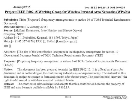 Doc.: IEEE 802.15-15-0038-00-003d Submission Project: IEEE P802.15 Working Group for Wireless Personal Area Networks (WPANs) Submission Title: [ Proposed.