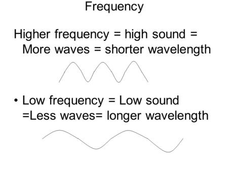 Frequency Higher frequency = high sound = More waves = shorter wavelength Low frequency = Low sound =Less waves= longer wavelength.
