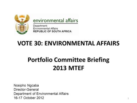 VOTE 30: ENVIRONMENTAL AFFAIRS Portfolio Committee Briefing 2013 MTEF 1 Nosipho Ngcaba Director-General Department of Environmental Affairs 16-17 October.