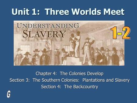 Unit 1: Three Worlds Meet Chapter 4: The Colonies Develop Section 3: The Southern Colonies: Plantations and Slavery Section 4: The Backcountry.