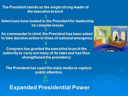 The President stands as the single strong leader of the executive branch Americans have looked to the President for leadership on complex issues As commander.