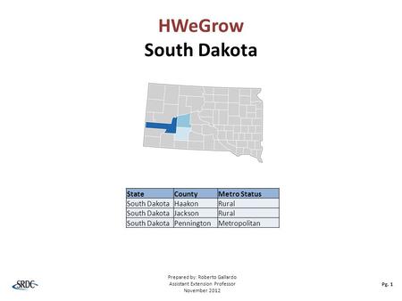 HWeGrow South Dakota Pg. 1 Prepared by: Roberto Gallardo Assistant Extension Professor November 2012 StateCountyMetro Status South DakotaHaakonRural South.