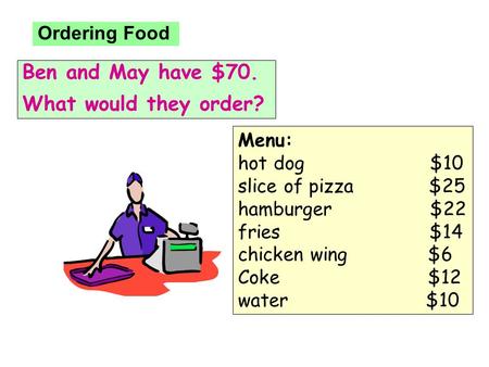 Ordering Food Ben and May have $70. What would they order? Menu: hot dog $10 slice of pizza $25 hamburger $22 fries $14 chicken wing $6 Coke $12 water.