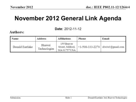 Doc.: IEEE P802.11-12/1264r4 Submission November 2012 Donald Eastlake 3rd, Huawei TechnologiesSlide 1 November 2012 General Link Agenda Date: 2012-11-12.