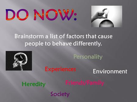 Brainstorm a list of factors that cause people to behave differently. Personality Experiences Heredity Environment Friends/Family Society.