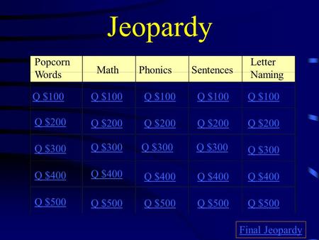 Jeopardy Popcorn Words MathPhonicsSentences Letter Naming Q $100 Q $200 Q $300 Q $400 Q $500 Q $100 Q $200 Q $300 Q $400 Q $500 Final Jeopardy.