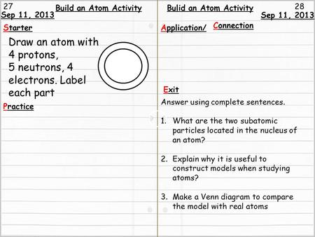 Draw an atom with 4 protons, 5 neutrons, 4 electrons. Label each part