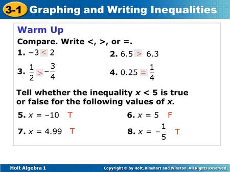 Holt Algebra 1 3-1 Graphing and Writing Inequalities Warm Up Compare. Write, or =. 1. −3 2 3. 2. 6.5 6.3 < > > 4. 0.25= Tell whether the inequality x 
