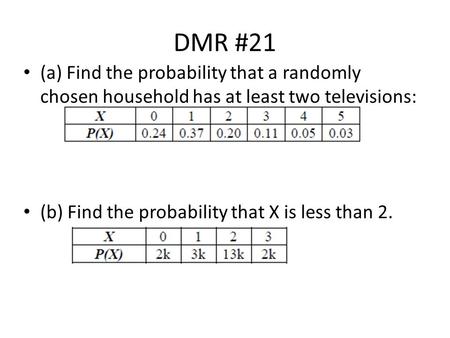 DMR #21 (a) Find the probability that a randomly chosen household has at least two televisions: (b) Find the probability that X is less than 2.