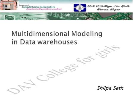 Shilpa Seth.  Multidimensional Data Model Concepts Multidimensional Data Model Concepts  Data Cube Data Cube  Data warehouse Schemas Data warehouse.