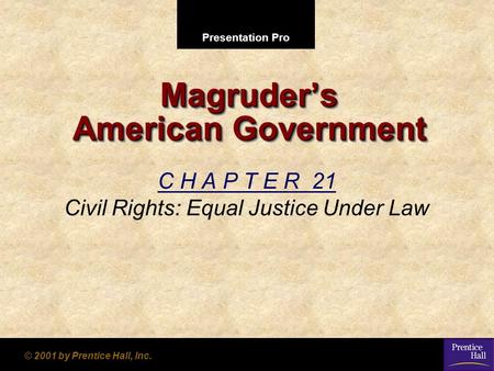 Presentation Pro © 2001 by Prentice Hall, Inc. Magruder’s American Government C H A P T E R 21 Civil Rights: Equal Justice Under Law.