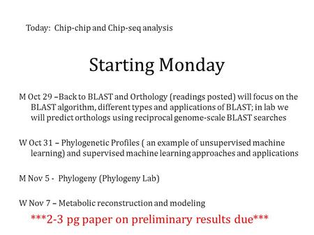 Starting Monday M Oct 29 –Back to BLAST and Orthology (readings posted) will focus on the BLAST algorithm, different types and applications of BLAST; in.