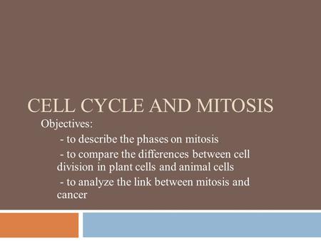 CELL CYCLE AND MITOSIS Objectives: - to describe the phases on mitosis - to compare the differences between cell division in plant cells and animal cells.