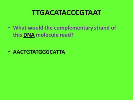 TTGACATACCCGTAAT What would the complementary strand of this DNA molecule read? AACTGTATGGGCATTA.