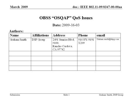 Doc.: IEEE 802.11-09/0347-00-00aa Submission March 2009 Graham Smith, DSP GroupSlide 1 OBSS “OSQAP” QoS Issues Date: 2009-16-03 Authors: