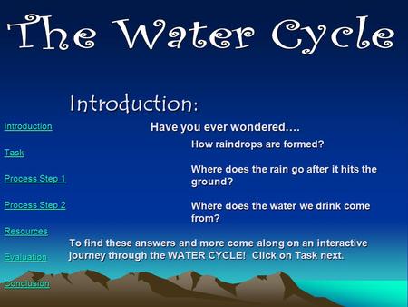 Introduction: Have you ever wondered…. How raindrops are formed? Where does the rain go after it hits the ground? Where does the water we drink come from?