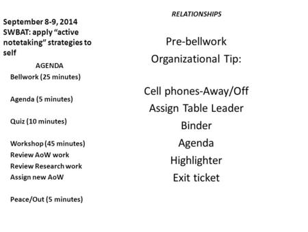 September 8-9, 2014 SWBAT: apply “active notetaking” strategies to self RELATIONSHIPS Pre-bellwork Organizational Tip: Cell phones-Away/Off Assign Table.