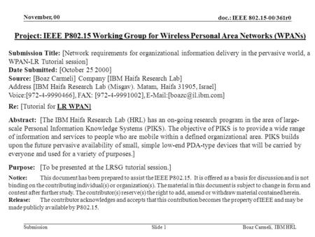 Doc.: IEEE 802.15-00/361r0 Submission November, 00 Boaz Carmeli, IBM HRLSlide 1 Project: IEEE P802.15 Working Group for Wireless Personal Area Networks.