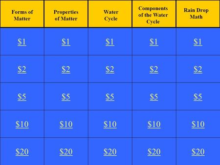 $2 $5 $10 $20 $1 $2 $5 $10 $20 $1 $2 $5 $10 $20 $1 $2 $5 $10 $20 $1 $2 $5 $10 $20 $1 Properties of Matter Water Cycle Components of the Water Cycle Rain.