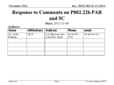 Doc.: IEEE 802.22-11/139r4 Submission November 2011 M. Azizur Rahman (NICT)Slide 1 Response to Comments on P802.22b PAR and 5C Date: 2011-11-09 Authors:
