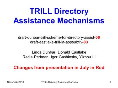 November 2013TRILL Directory Assist Mechanisms1 TRILL Directory Assistance Mechanisms draft-dunbar-trill-scheme-for-directory-assist-06 draft-eastlake-trill-ia-appsubtlv-03.