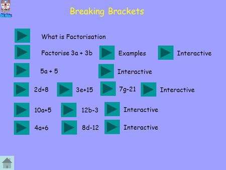 Breaking Brackets What is Factorisation Factorise 3a + 3b 5a + 5 ExamplesInteractive 2d+8 3e+15 7g-21 Interactive 10a+512b-3 Interactive 4a+6 8d-12 Interactive.
