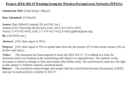 Doc.: IEEE 802.15-00/119r0 Submission May 2000 Ian Gifford, M/A-COM, Inc.Slide 1 Project: IEEE 802.15 Working Group for Wireless Personal Area Networks.