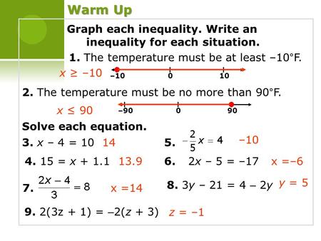 Graph each inequality. Write an inequality for each situation. 1. The temperature must be at least –10°F. 2. The temperature must be no more than 90°F.