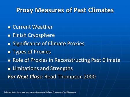 Proxy Measures of Past Climates Current Weather Current Weather Finish Cryosphere Finish Cryosphere Significance of Climate Proxies Significance of Climate.