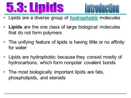 5.3: Lipids Introduction Lipids are a diverse group of hydrophobic molecules Lipids are the one class of large biological molecules that do not form polymers.