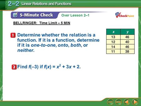 Over Lesson 2–1 5-Minute Check 1 Determine whether the relation is a function. If it is a function, determine if it is one-to-one, onto, both, or neither.