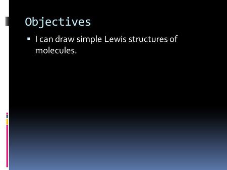 Objectives  I can draw simple Lewis structures of molecules.