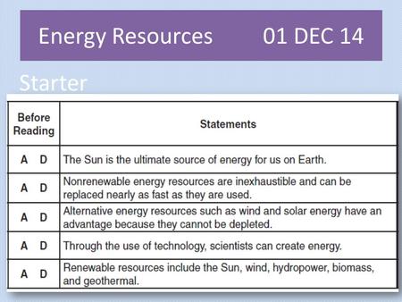 Starter Energy Resources 01 DEC 14. Starter: 47 01 DEC 14 Energy Resources48 Practice: Paste in and fill in the blanks.