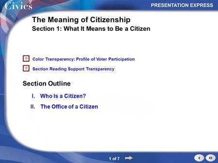 Section Outline 1 of 7 The Meaning of Citizenship Section 1: What It Means to Be a Citizen I.Who Is a Citizen? II.The Office of a Citizen Color Transparency: