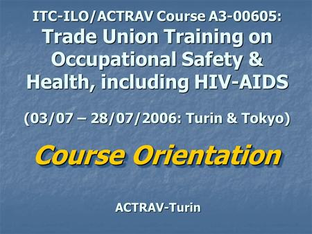 ITC-ILO/ACTRAV Course A3-00605: Trade Union Training on Occupational Safety & Health, including HIV-AIDS (03/07 – 28/07/2006: Turin & Tokyo) ACTRAV-Turin.
